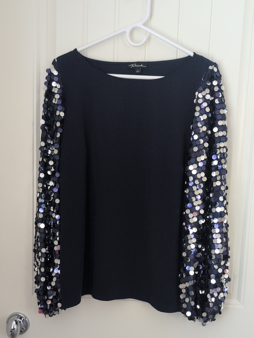 Prelude Dark Navy Blouse with Fun Sequin Sleeve Detail
